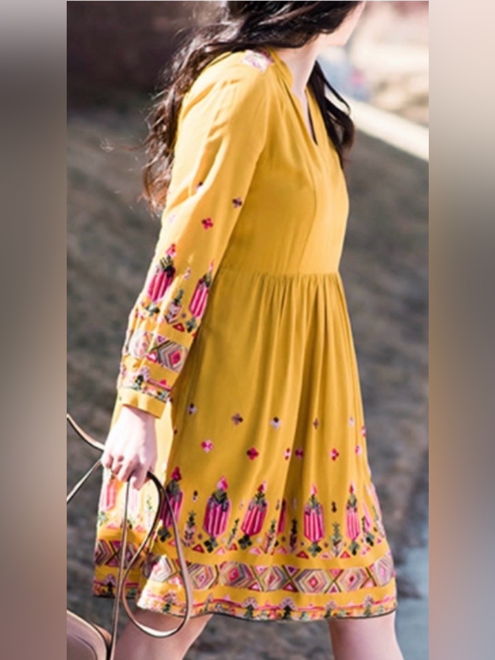 Anthropology- Floreat Raella Mustard Yellow Embroidered Long-Sleeve Dress